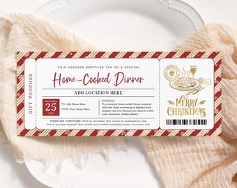 May include: A Christmas-themed gift voucher with a red and white striped border. The voucher reads "Home-Cooked Dinner" and includes space for the recipient's name and a message. A graphic of a meal and the words "Merry Christmas" are also present.
