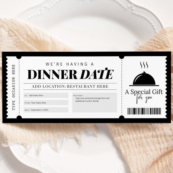 Dinner Date Gift Voucher EDITABLE, Dinner Reservation Ticket, Dinner Date Coupon, Dinner Gift Card, Printable Date Night Certificate