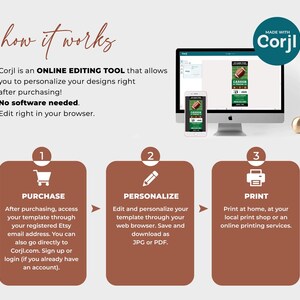 Puede incluir: Un gr&aacute;fico que muestra c&oacute;mo usar la herramienta de edici&oacute;n en l&iacute;nea Corjl. Los pasos son: 1. Comprar, 2. Personalizar, 3. Imprimir. El gr&aacute;fico muestra una pantalla de computadora con una invitaci&oacute;n con tem&aacute;tica de f&uacute;tbol. El texto en el gr&aacute;fico dice: "Corjl es una HERRAMIENTA DE EDICI&Oacute;N EN L&Iacute;NEA que te permite personalizar tus dise&ntilde;os justo despu&eacute;s de comprarlos. &iexcl;No se necesita software! Edita directamente en tu navegador."