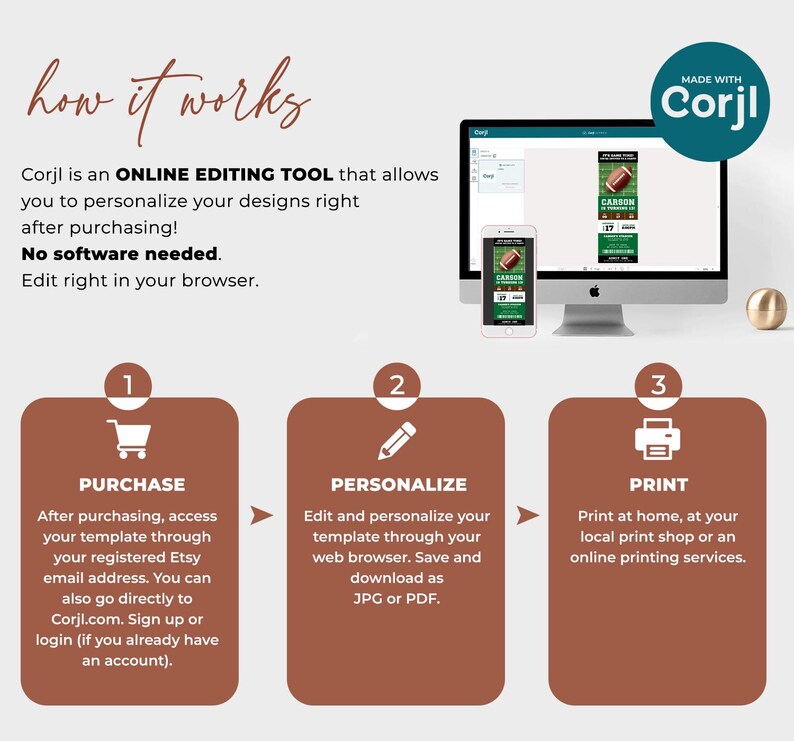 Puede incluir: Un gr&aacute;fico que muestra c&oacute;mo usar la herramienta de edici&oacute;n en l&iacute;nea Corjl. Los pasos son: 1. Comprar, 2. Personalizar, 3. Imprimir. El gr&aacute;fico muestra una pantalla de computadora con una invitaci&oacute;n con tem&aacute;tica de f&uacute;tbol. El texto en el gr&aacute;fico dice: "Corjl es una HERRAMIENTA DE EDICI&Oacute;N EN L&Iacute;NEA que te permite personalizar tus dise&ntilde;os justo despu&eacute;s de comprarlos. &iexcl;No se necesita software! Edita directamente en tu navegador."