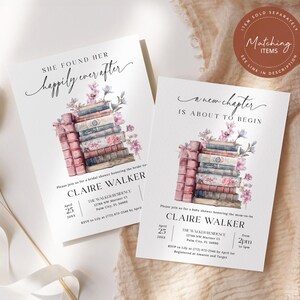 May include: Two book-themed bridal shower invitations with a stack of books and flowers. The text on the invitations reads "She found her happily ever after" and "A new chapter is about to begin".