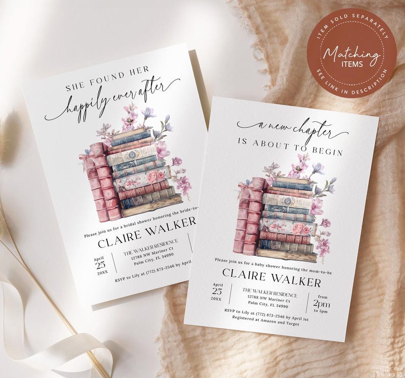May include: Two book-themed bridal shower invitations with a stack of books and flowers. The text on the invitations reads "She found her happily ever after" and "A new chapter is about to begin".