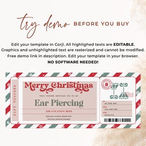 May include: A red and green striped gift voucher with a snowflake pattern. The voucher is for an ear piercing and says "Merry Christmas".