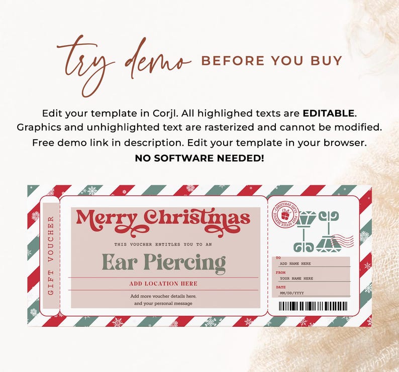 May include: A red and green striped gift voucher with a snowflake pattern. The voucher is for an ear piercing and says "Merry Christmas".