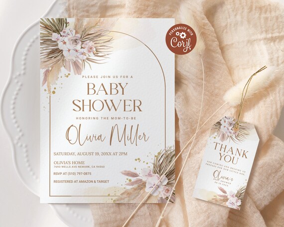 Boho Pampas Baby Shower Invitation EDITABLE, Bohemian Baby Shower Invite Printable, Tropical Desert Invitation, Earth Tone Beige Shower Il_570xn