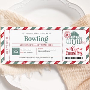 Bowling-Weihnachtsticket EDITIERBAR, Bowling-Geschenkgutschein, Printable Bowling-Unterrichtszertifikat, Spielticketvorlage, Weihnachtsgeschenkkarte