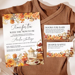Invitaciones editables para baby shower con temática de otoño, paquete de invitaciones para la hora del té con la futura mamá, fiesta de té de otoño FA21