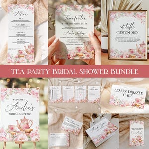 Nachmittagstee Brautdusche Einladung Bundle EDITIERBARE, Zeit für Tee mit der Braut zu sein Vorlagen, Pink Floral Tea Party Duschspiele AT28