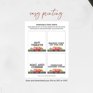 May include: Printable food tent cards featuring a red fire truck design. The cards have the text "Hot Treats", "Smokin Corn on the Cob", "Mac and Cheese", and "Firehouse Chicken Wings".
