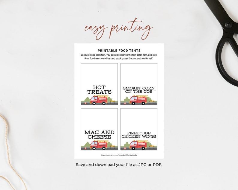 May include: Printable food tent cards featuring a red fire truck design. The cards have the text "Hot Treats", "Smokin Corn on the Cob", "Mac and Cheese", and "Firehouse Chicken Wings".