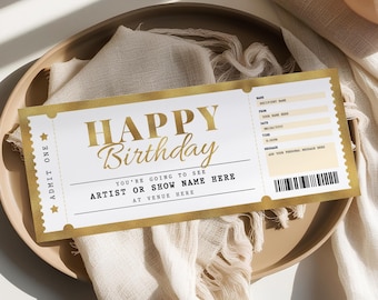 Gold Concert Ticket Template EDITABLE, Surprise Concert Gift Ticket Printable, Birthday Gift Voucher, Event Ticket Invitation, Any Occasion