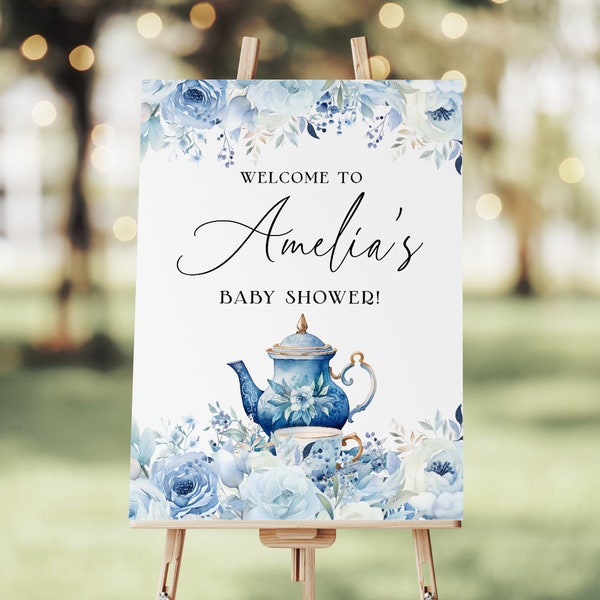 Blue Floral Tea Party Welcome Sign EDITABLE, High Tea Welcome Poster, Afternoon Tea Garden Party Sign, Baby Bridal Shower Birthday AT28