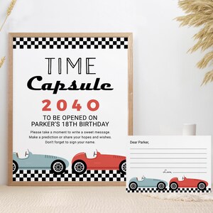 Racing verjaardag tijdcapsule teken en kaart BEWERKBAAR, raceauto verjaardagsfeestje activiteit, afdrukbaar Racing Party teken, twee snelle verjaardagsdecor