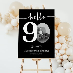 90th Birthday Welcome Sign EDITABLE, Hello Ninety Birthday Sign, Modern Black Birthday Welcome Party Poster, Photo Birthday Welcome Sign