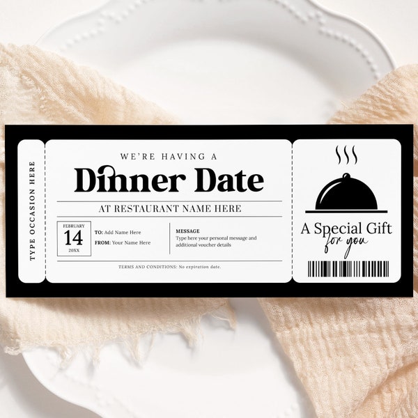 Dinner Date Gift Voucher EDITABLE, Dinner Reservation Ticket, Dinner Date Coupon, Dinner Gift Card, Printable Date Night Certificate