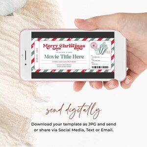 May include: A digital printable Christmas movie ticket template with red and green stripes, a snowman design, and the text "Merry Christmas You're going to watch Movie Title Here Cinema and Location Here".
