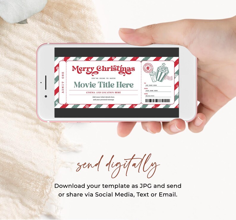 May include: A digital printable Christmas movie ticket template with red and green stripes, a snowman design, and the text "Merry Christmas You're going to watch Movie Title Here Cinema and Location Here".