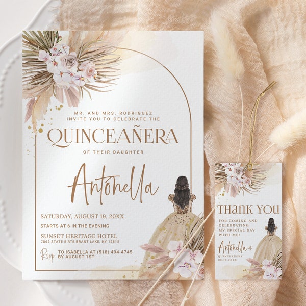 Boho Quinceañera Invitation EDITABLE, Mis Quince Anos Invite Printable, 15th Birthday Party, Pampas Grass Birthday Invitation Template