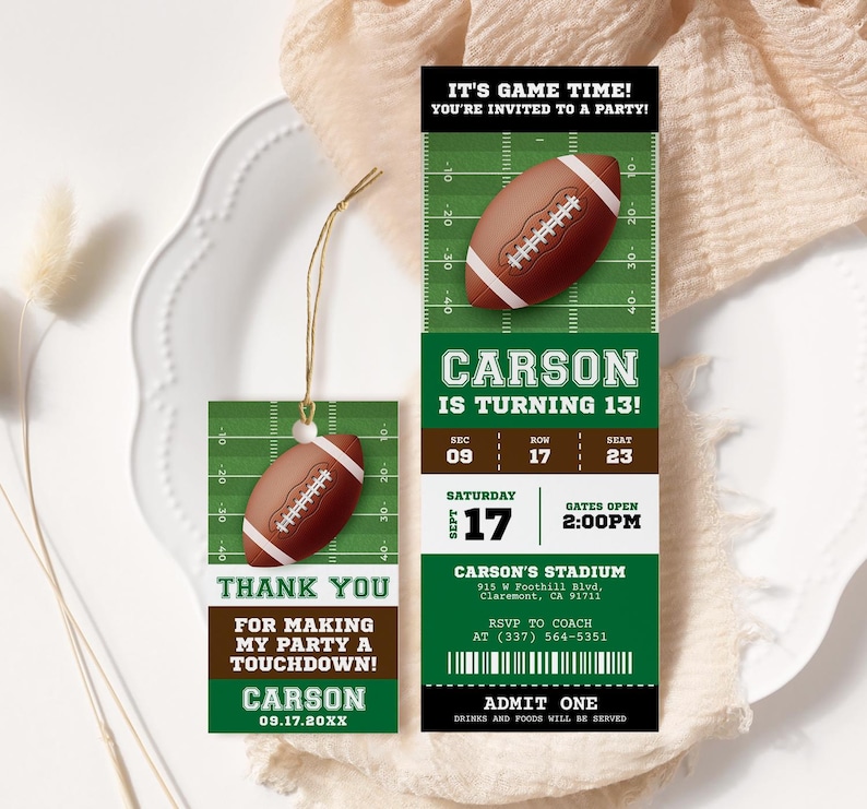 Football Birthday Ticket Invitation EDITABLE, American Football Party Invitation, Printable First Down Birthday Invite, Kids Birthday