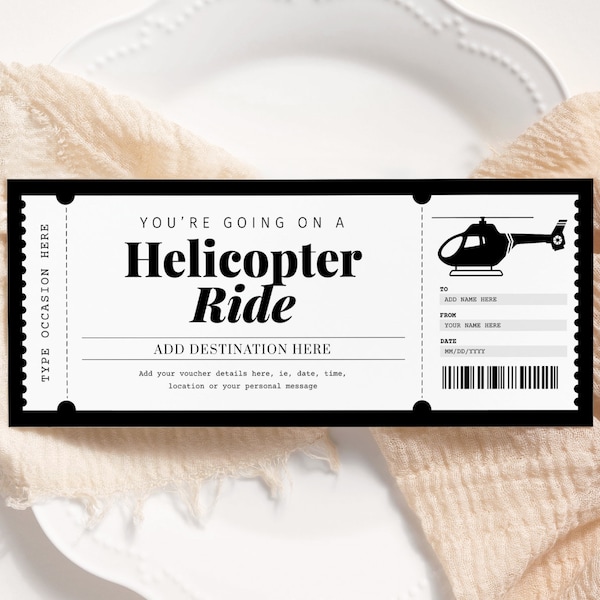 Hubschrauberfluggutschein EDITIERBAR, Überraschungsreisegeschenkgutschein druckbar, Ticketvorlage, Erlebnisgeschenkkarte für jeden Anlass