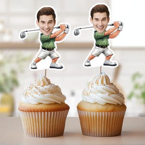Topper per cupcake con foto di golf, topper per cupcake con volto da golf, topper per cupcake personalizzati per golf, adesivi per compleanno di golf stampabili, cupcake con golfista