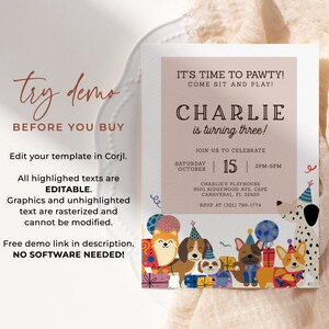 May include: A birthday party invitation with the text "IT'S TIME TO PAWTY!" and "CHARLIE is turning three!" The invitation features cartoon dogs, balloons, and gift boxes. The text "try demo" and "BEFORE YOU BUY" are also visible.