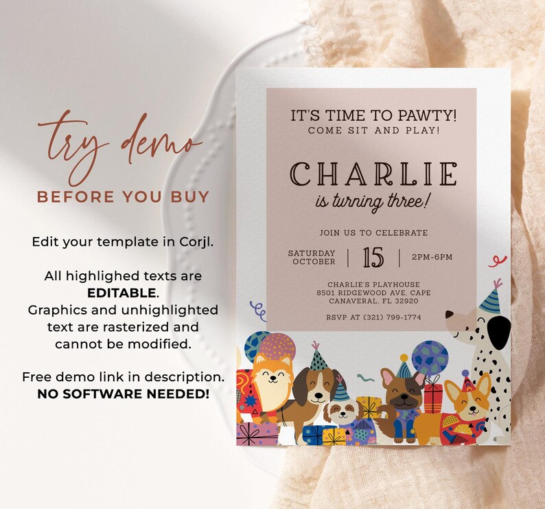 May include: A birthday party invitation with the text "IT'S TIME TO PAWTY!" and "CHARLIE is turning three!" The invitation features cartoon dogs, balloons, and gift boxes. The text "try demo" and "BEFORE YOU BUY" are also visible.
