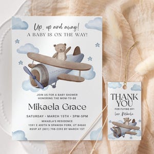 Blue Airplane Baby Shower Invitation EDITABLE, Vintage Plane Baby Shower Invitation Printable, Bear Boy Baby Shower, Travel Baby Shower AP13