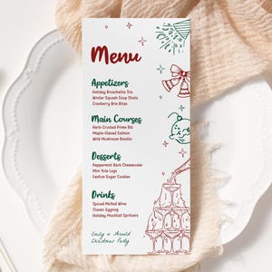 Modello di menu per la festa di Natale disegnato a mano MODIFICABILE, carta del menu della festa di Natale divertente e stampabile, menu della cena di Natale scritto a mano stravagante MS25