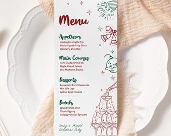 Hand Drawn Christmas Party Menu Template EDITABLE, Printable Fun Holiday Party Menu Card, Whimsical Handwritten Christmas Dinner Menu MS25