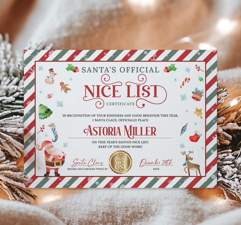 Editable Santa Nice List Certificate Template, Personalized Christmas Printable, North Pole Document, Santa Claus Certificate for Kids, Digital Download