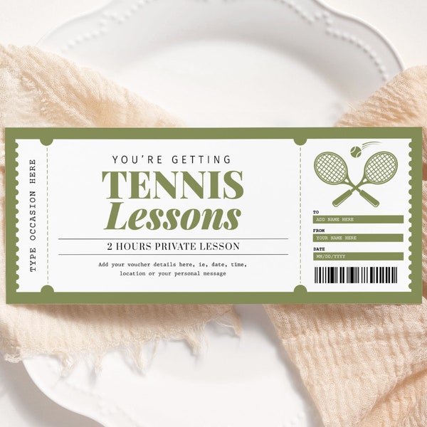Tennis Lesson Certificate EDITABLE, Tennis Lesson Voucher Printable, Sports Gift Ticket, Tennis Coupon, Tennis Gift Card, Any Occasion