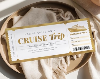 Cruise Boarding Pass Template, Editable Surprise Cruise Ticket, Printable Gift Certificate, Gold Vacation Reveal CT22