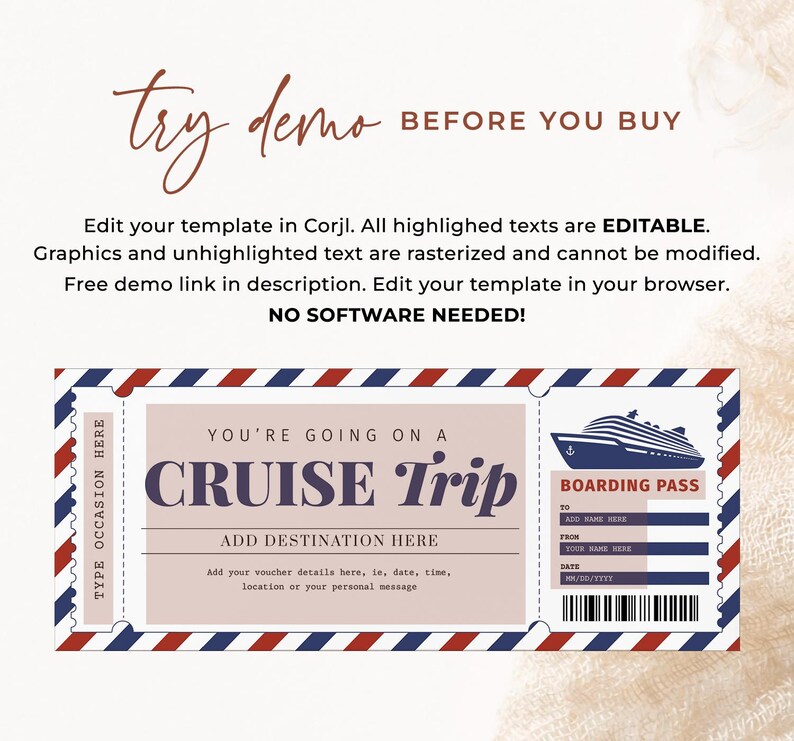 May include: A printable cruise boarding pass template with a red, white, and blue striped border. The template features a cruise ship and the text "You're going on a Cruise Trip".