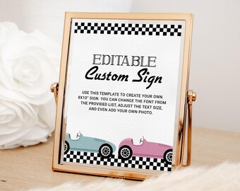 Letrero personalizado para fiesta de autos de carreras EDITABLE, Plantilla imprimible para letrero de cumpleaños de carreras, Auto vintage azul y rosa, Decoración para fiesta de cumpleaños Two Fast PB02