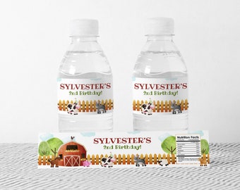 Farm Birthday Water Bottle Labels, Editable Barnyard Party Decor (Digital Download)