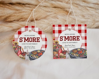 Etiquetas de regalo para barbacoa S'mores EDITABLES, Etiquetas de agradecimiento para baby shower en el jardín imprimibles, Etiquetas para baby shower de pareja con barbacoa, Etiquetas de regalo para baby shower con barbacoa BBQ25