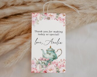Floral Tea Party Favor Tag EDITABLE, Pink Green Afternoon Tea Party Gift Tag, Baby Bridal Shower Birthday, Thank You For Coming Tags AT28
