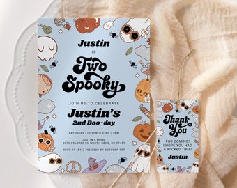 May include: A light blue Halloween-themed invitation and matching tag. The invitation reads "Justin is Two Spooky" with event details. The tag says "Thank You" with a personalized message. Both feature cartoon ghosts, pumpkins, and spiders.