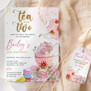 Tea For Two Birthday Invitation EDITABLE, 2nd Birthday, Par-Tea Invite Printable, Floral Afternoon High Tea, Whimsical Tea Party, TP09
