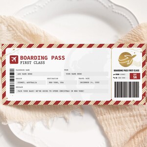 Cartão de embarque de Natal EDITÁVEL, modelo de bilhete de avião para impressão, bilhete de viagem surpresa, voucher de viagem de avião, bilhete de férias