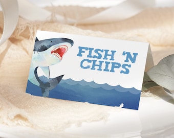 Shark Birthday Food Labels EDITABLE, Printable Under the Sea  Place Cards, Shark Birthday Party Food Tent Card, Folded Buffet Label