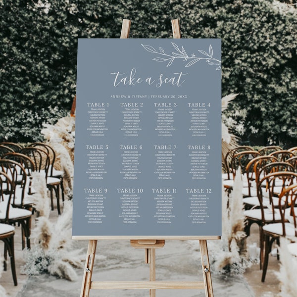 Plan de table de mariage bleu poudré MODIFIABLE, panneau de plan de table de mariage bleu poudré imprimable, minimaliste moderne, panneau modèle Trouvez votre siège