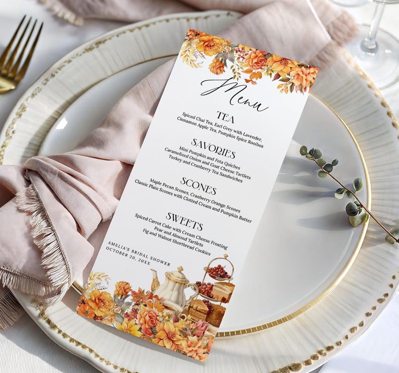 Autumn Floral Tea Party Menu Template EDITABLE, Fall High Tea Menu Card ...