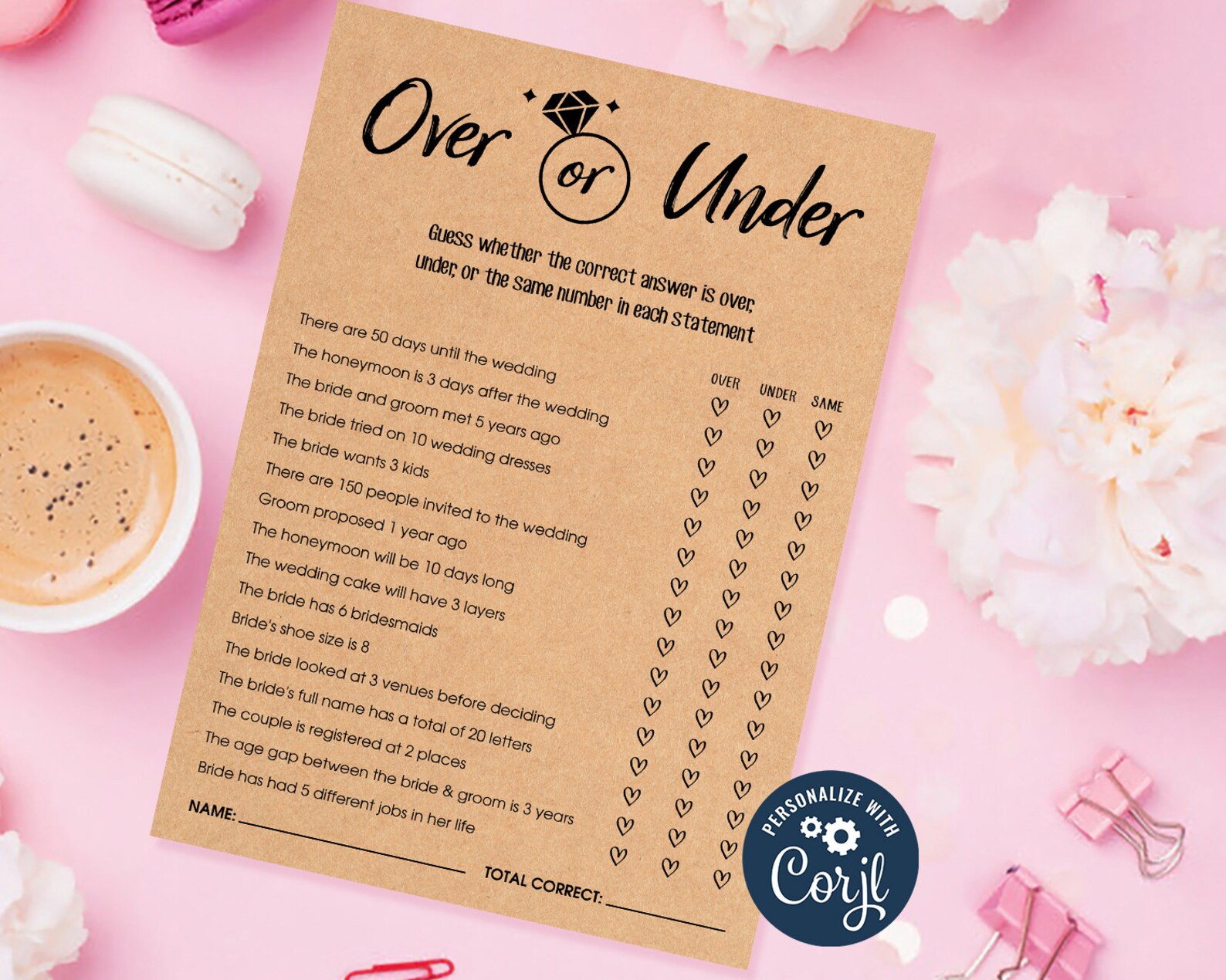 Over or Under Bridal Shower Game Editable Over or Under Etsy