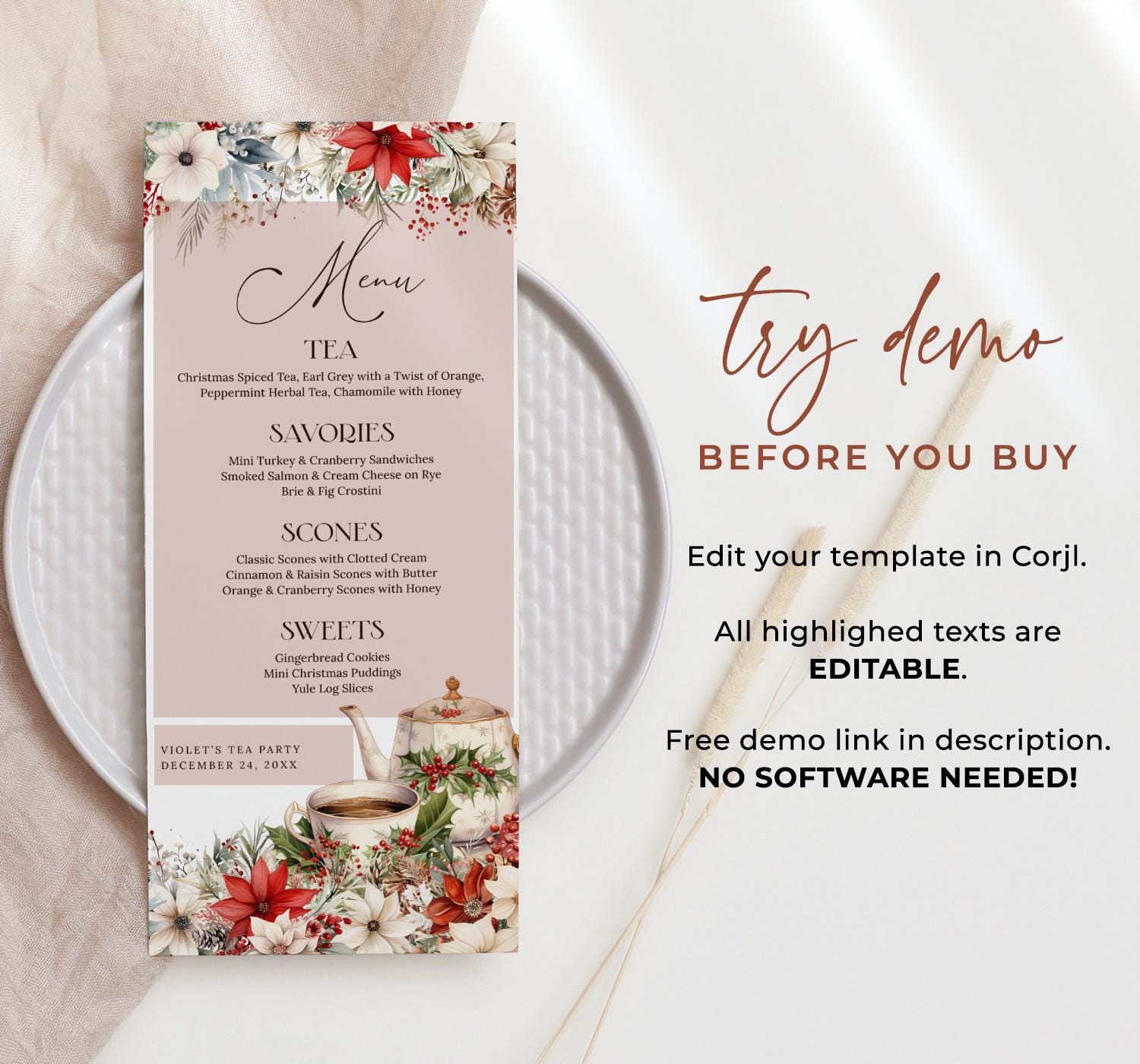 Christmas Tea Party Menu Template EDITABLE, Holiday Tea Party Menu ...