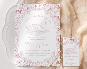 Zaproszenie na baby shower z łabędziem, różowe zaproszenie na baby shower z łabędziem, zaproszenie na baby shower dla dziewczynki, mały łabędź w drodze, edytowalne do druku