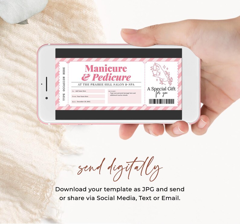Puede incluir: Un vale de regalo a rayas rosas y blancas para una manicura y pedicura en The Prairie Hill Salon & Spa. El texto "Un regalo especial para ti" est&aacute; impreso en el vale.
