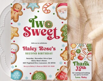 Two Sweet Christmas Birthday Invitation EDITABLE, Holiday Cookie 2nd Birthday Invitation Printable, Cookie Second Birthday Invite TS25