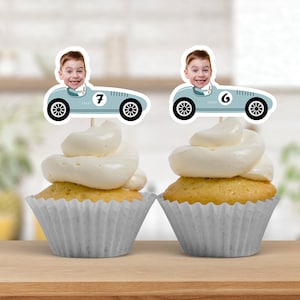 Race Car Photo Cupcake Toppers, Face Cupcake Toppers, Personalized Blue Vintage Car Cupcake Toppers, Racing Birthday Party Decor, ANY AGE